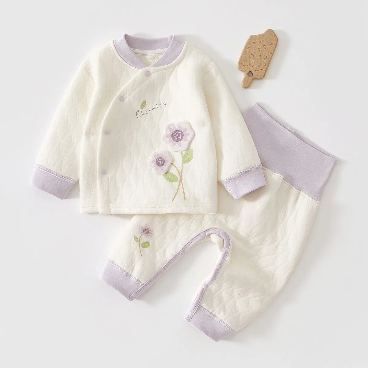 Cute Baby Quilted Pajama Set with Floral & Animal Embroidery