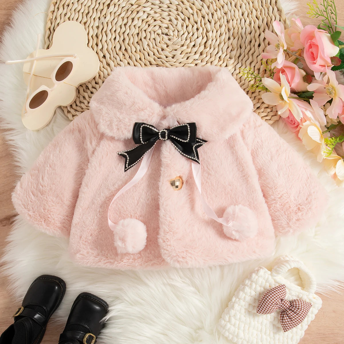 Pink fluffy children's coat with a bow, placed on a textured surface with flowers and shoes.