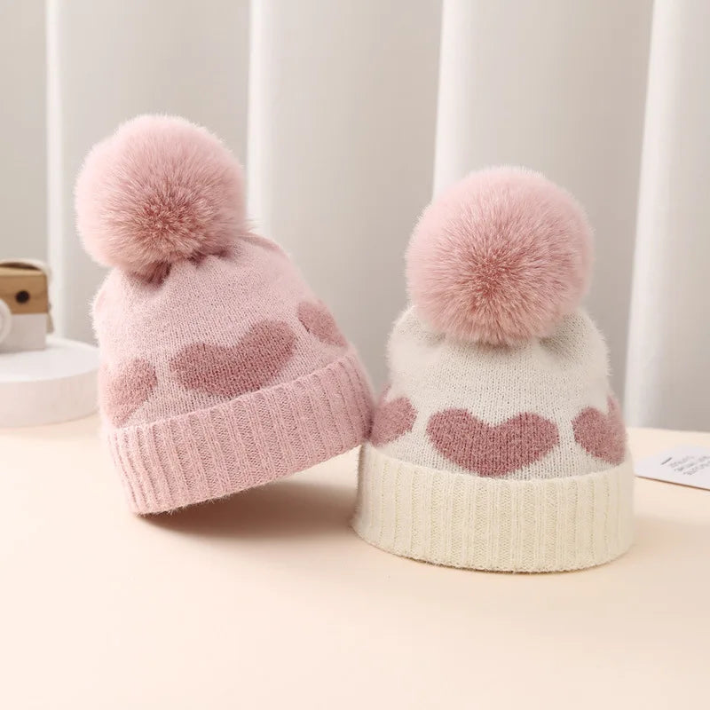 Cute Heart Pattern Pom-Pom Knit Beanies