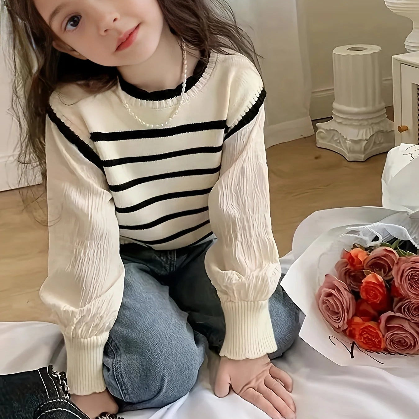 Classic Striped Sweaters with Puff sleeve Detail