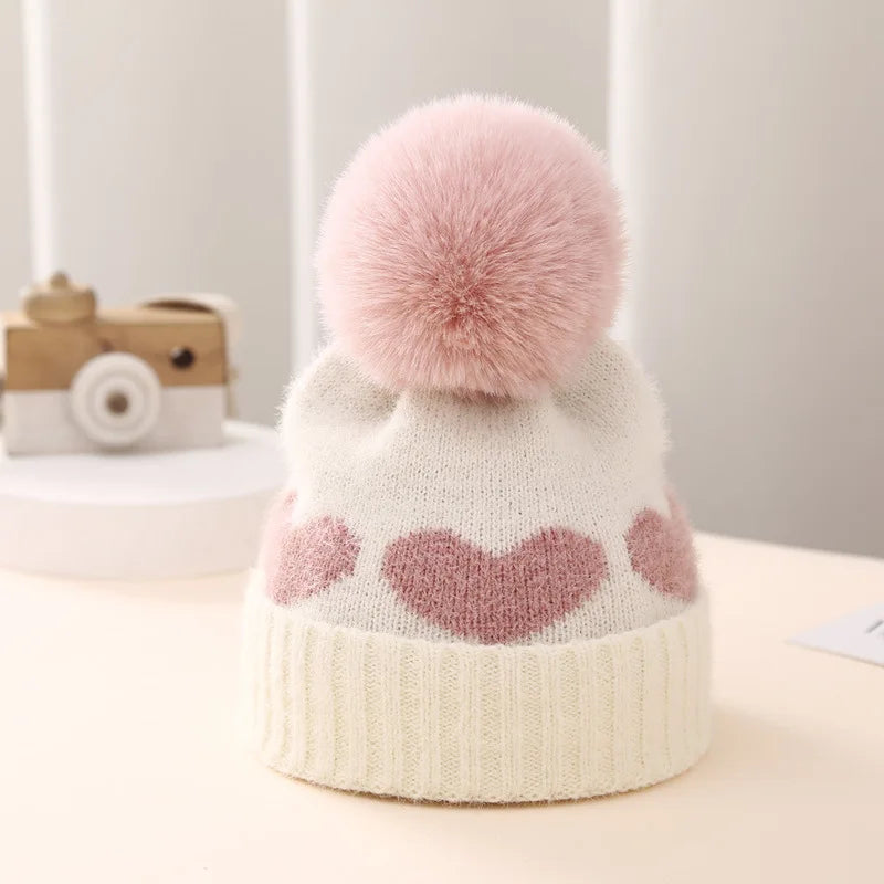 Cute Heart Pattern Pom-Pom Knit Beanies