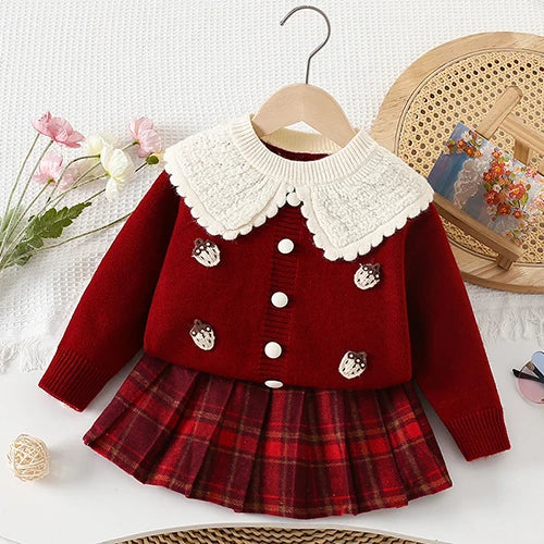 Kids' Embroidered Knit Cardigan with Plaid Skirt Set