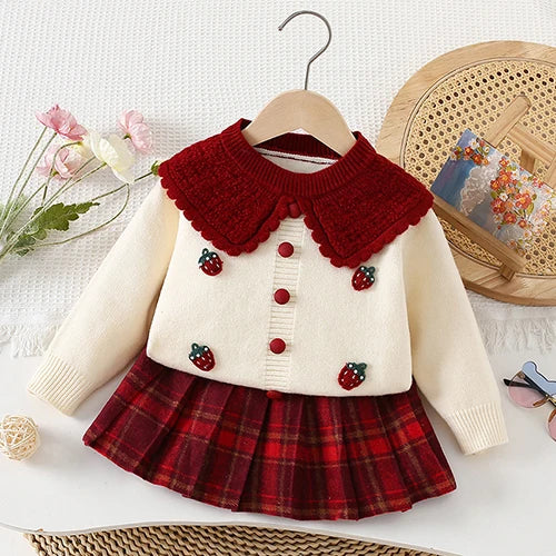 Kids' Embroidered Knit Cardigan with Plaid Skirt Set