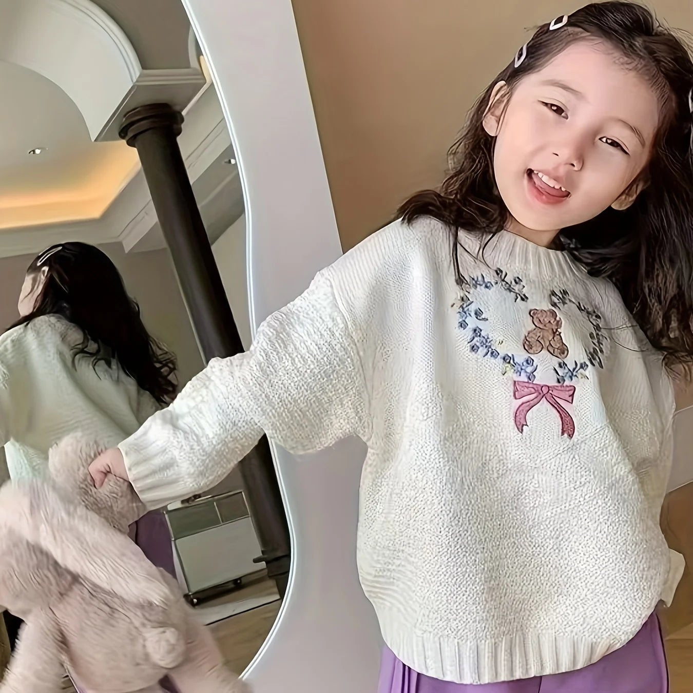 Embroidered Teddy Bear & Heart Sweater