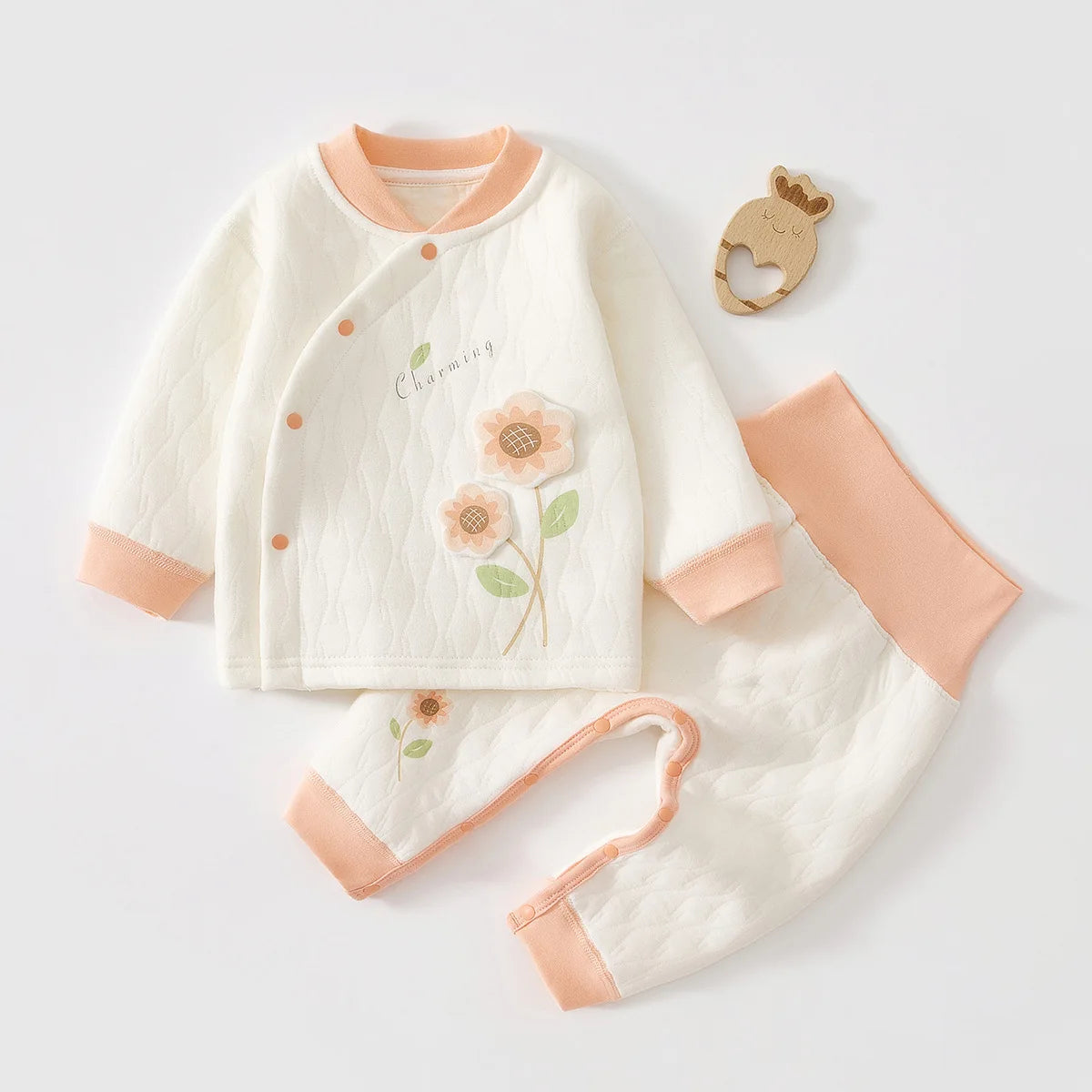 Cute Baby Quilted Pajama Set with Floral & Animal Embroidery