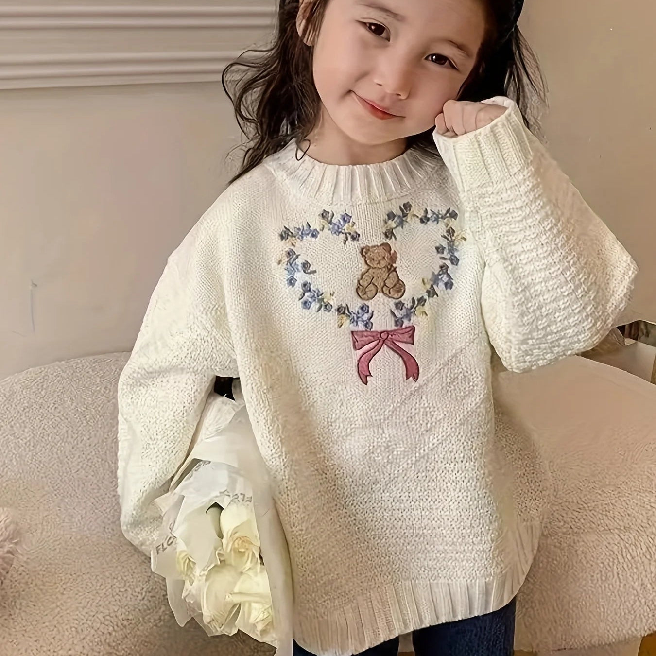 Embroidered Teddy Bear & Heart Sweater
