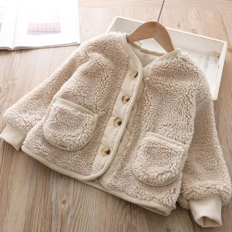 Beige sherpa jacket with button details on a wooden surface