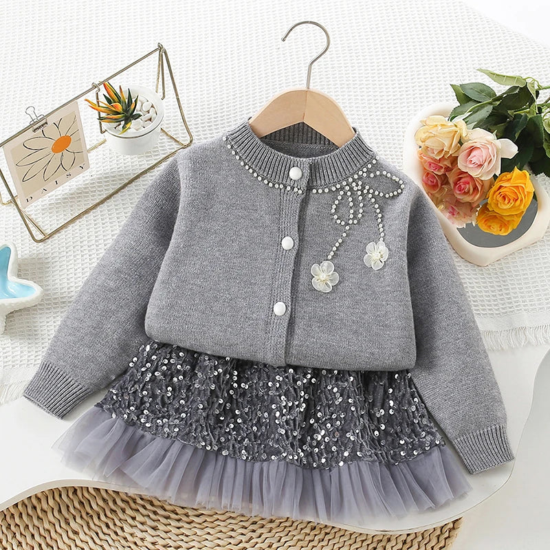 Elegant Pearl-Embroidered Cardigan with Sequin Skirt Set