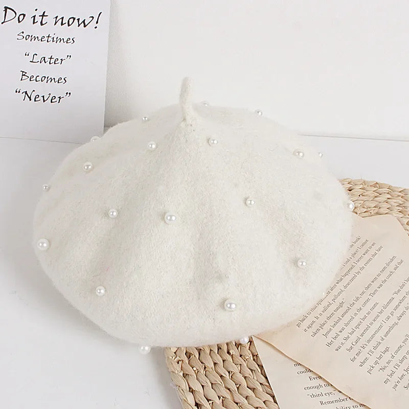 Pearl-Decorated Beret Hat
