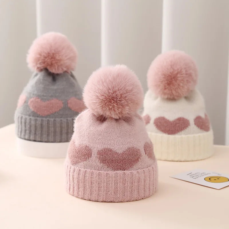 Cute Heart Pattern Pom-Pom Knit Beanies