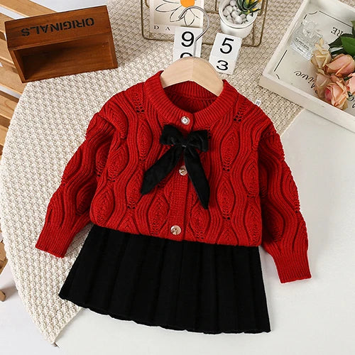 Girls' Cable Knit Sweater Dress with Bow Accent