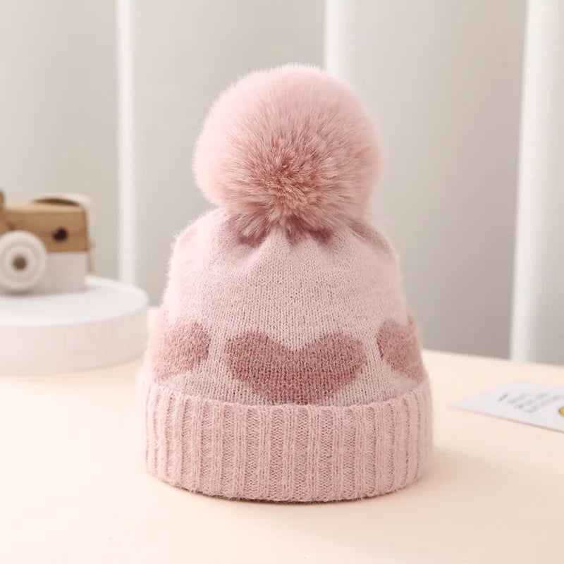 Cute Heart Pattern Pom-Pom Knit Beanies