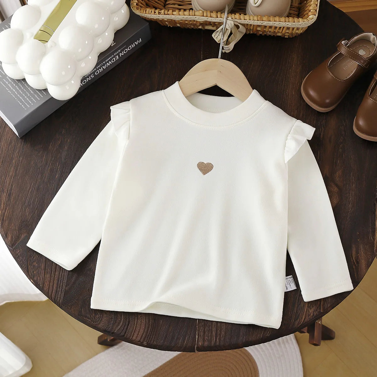 Cute Heart-Embroidered Ruffle Sleeve Sweater