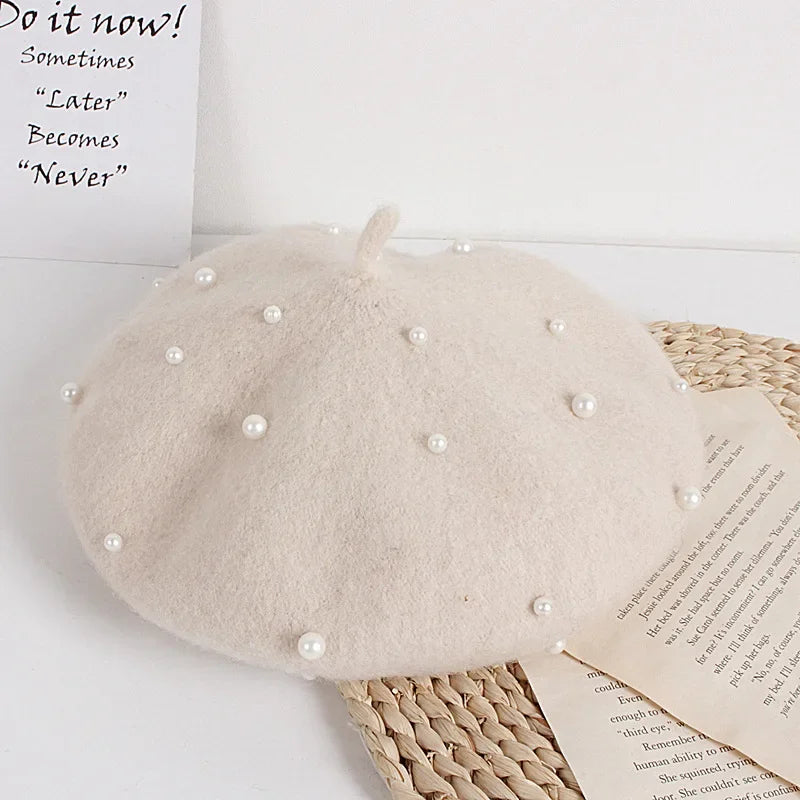 Pearl-Decorated Beret Hat
