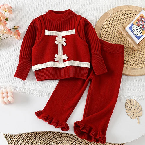 Ruffled Trim Knit Sweater and Pants Set