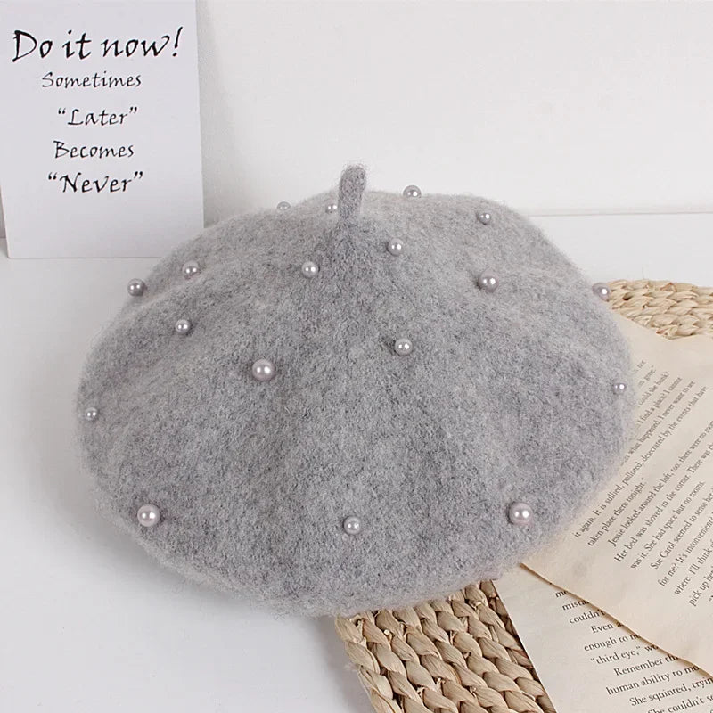 Pearl-Decorated Beret Hat
