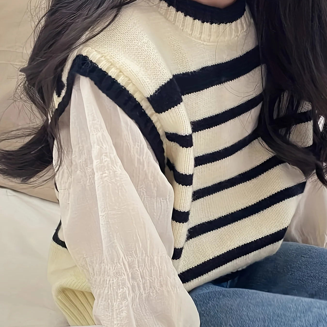 Classic Striped Sweaters with Puff sleeve Detail