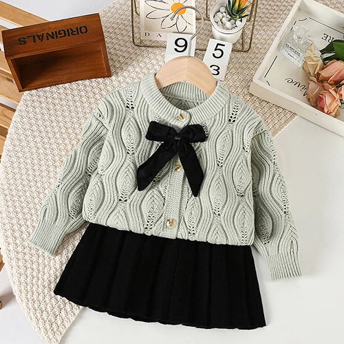 Girls' Cable Knit Sweater Dress with Bow Accent