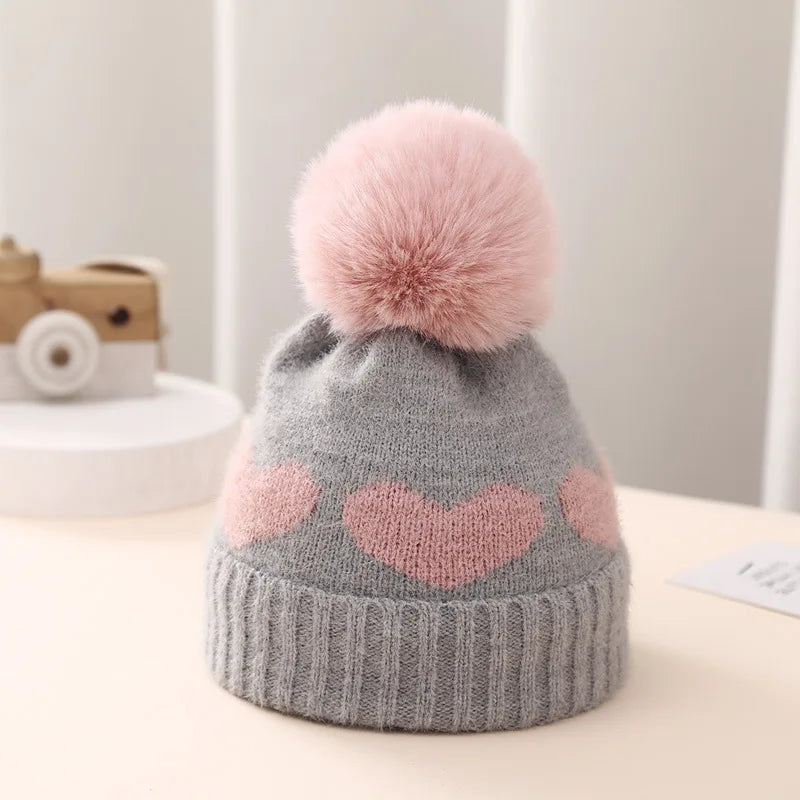 Cute Heart Pattern Pom-Pom Knit Beanies