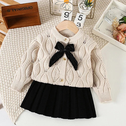Girls' Cable Knit Sweater Dress with Bow Accent