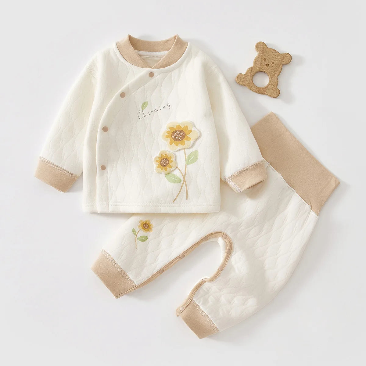 Cute Baby Quilted Pajama Set with Floral & Animal Embroidery